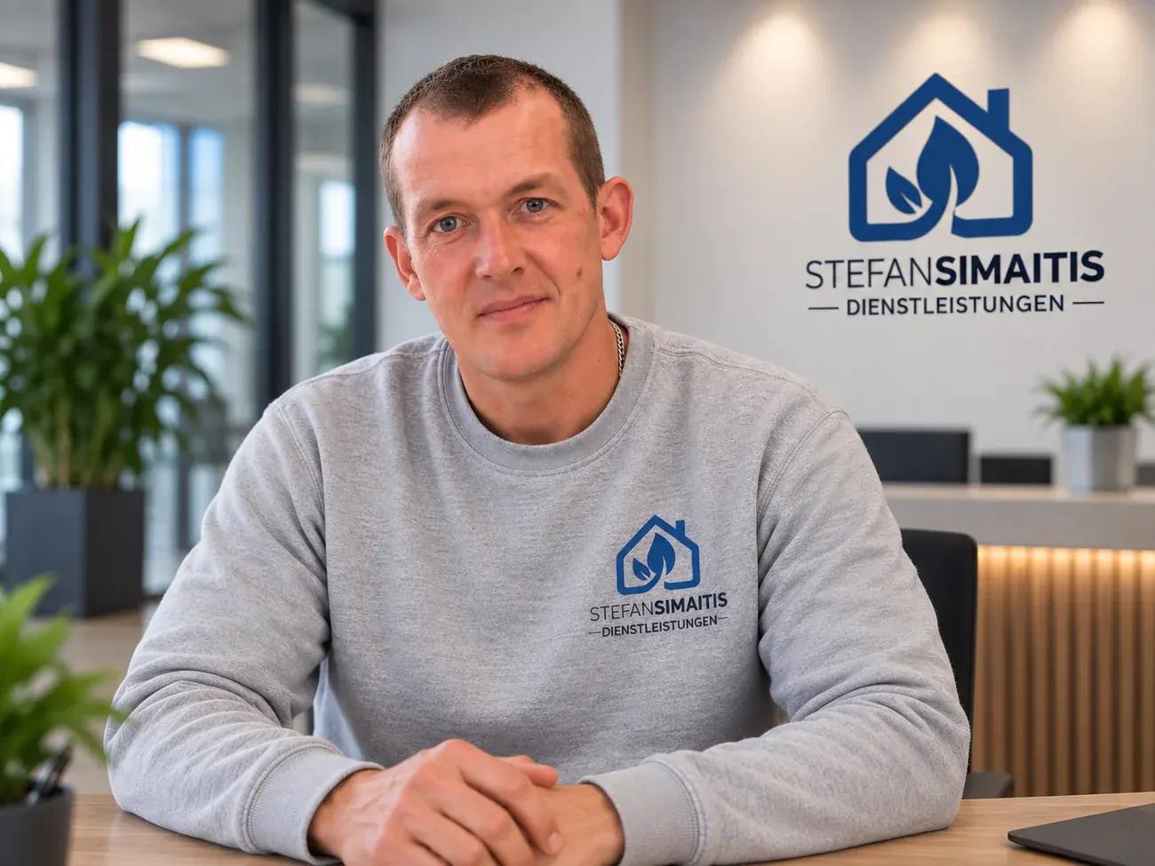Stefan Simaitis mit dem Unternehmenslogo im Hintergrund